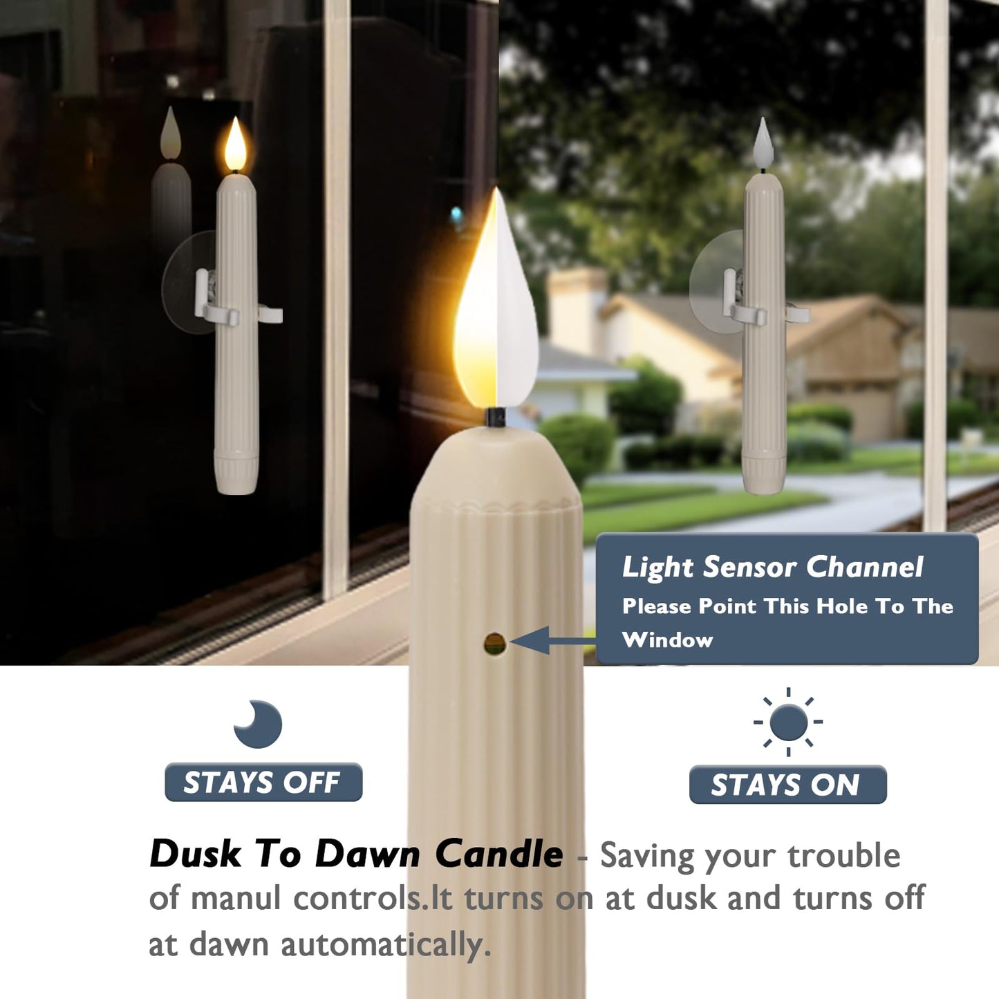 Homemory 6 Pcs Window Candles With Sensor Dusk to Dawn - Ivory Stripped Candlesticks With Suction Cups, Roman Column Battery Operated Flameless LED Taper for Christmas