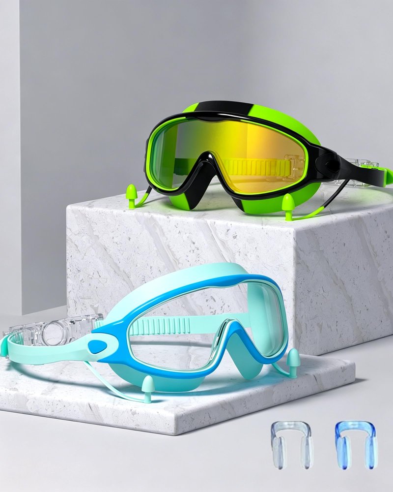 YLKJSWIM Swim Goggles for Kids 3-15 with Earplugs Large Frame Anti-Fog/UV Swimming Goggles for Boys Girls Toddler 2PCS (Green Black+Blue New)