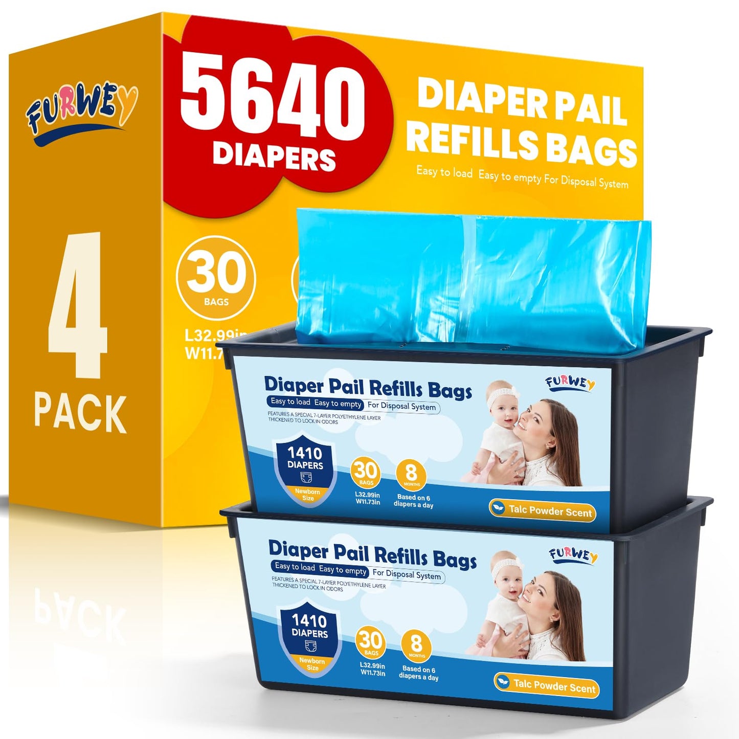 Diaper Pail Refill Bags 30 Bags Per Refillï¼Compatible with Genie Easy Roll Signature Diaper Pails Holds Up to 5640 Newborn Diapers Talc Powder Scent 7 Layer Odor Barrier,Scented,4PACK (120 Bags)