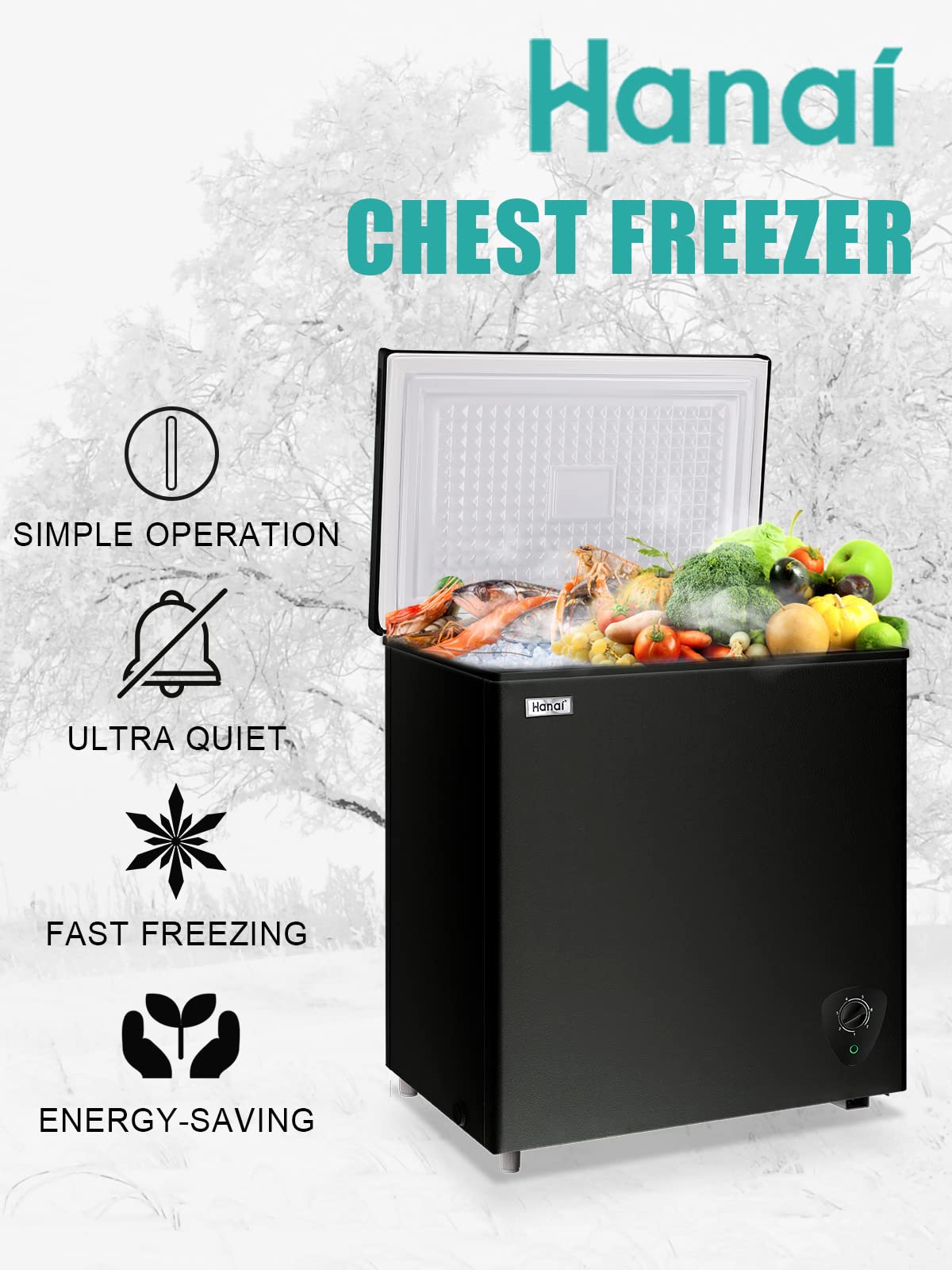 Chest Freezer 5.0 Cu.Ft Black Compact Freezer, Manual Defrost Deep Freezer with Storage Basket, Space-Saving Flat Back, Stay-Open Lid, Side-Access Drain for Home Basement Cottage Business