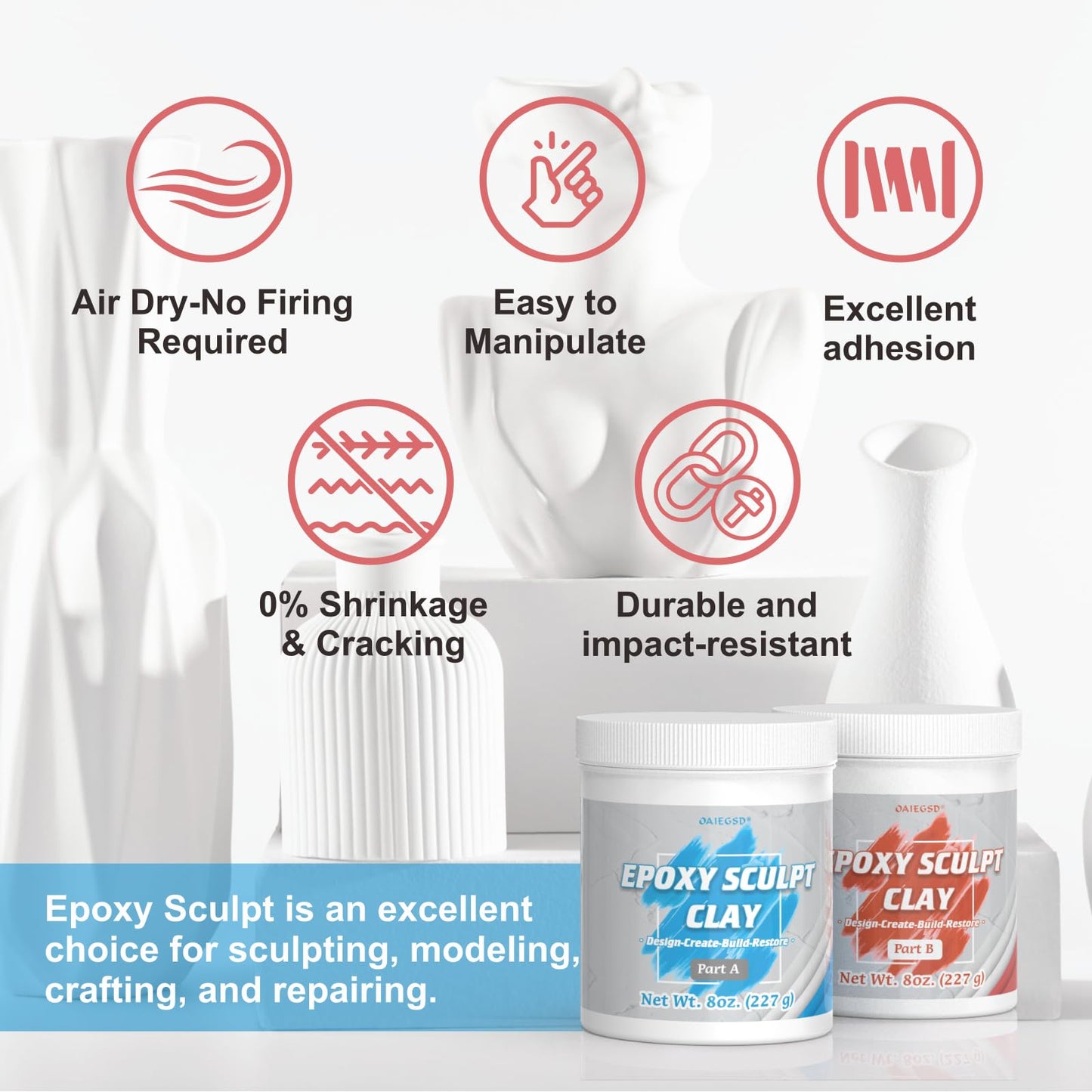 1 Pound Natural Epoxy Putty Sculpt Clay, 2 Part (A & B) Modeling Compound for Sculpting, Modeling, Building, Repairing, Self-Hardening Epoxy Clay Easily Repairs Metal, Wood, Tile, Ceramics, Plastic