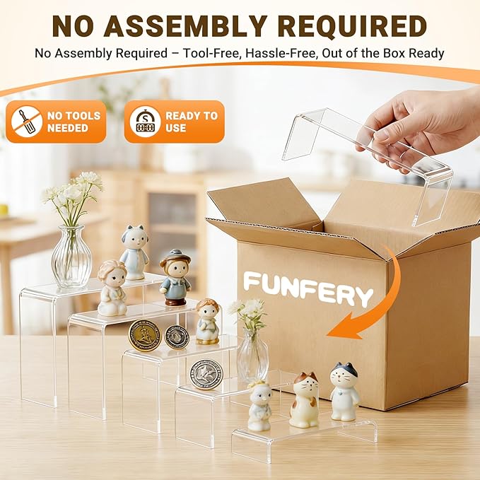 FUNFERY Acrylic Display Risers, 2 Set(7.8" L~8.2" L~8.6" L~9âÂÂL~9.3âÂÂL) Display Shelf for Figure, Collectibles, Cupcake, 5-Tier Clear Acrylic Stands for Dessert, Jewelry, Candy Showcase