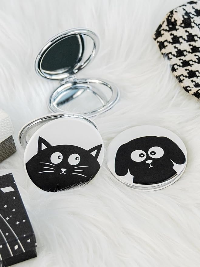OMIRO 1X/10X Compact Magnifying Mirror, Unique Painting Pocket Mirror with Classical PU Leather (Round, Black Cat)
