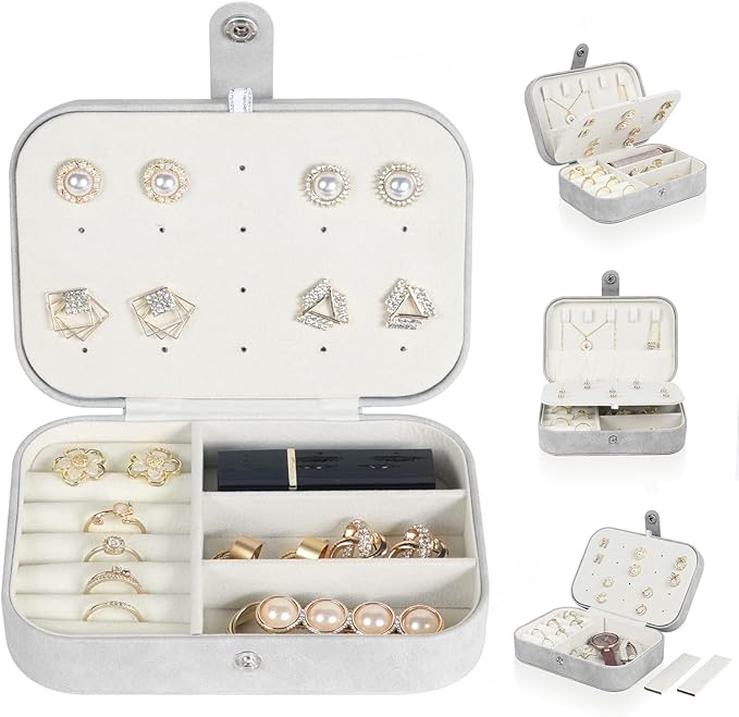 Hatori Travel Jewelry Box, PU Leather Small Jewelry Organizer for Women Girls, Portable Mini Travel Case Display Storage Holder Boxes for Stud Earrings, Rings, Necklaces, Bracelets (Grey)