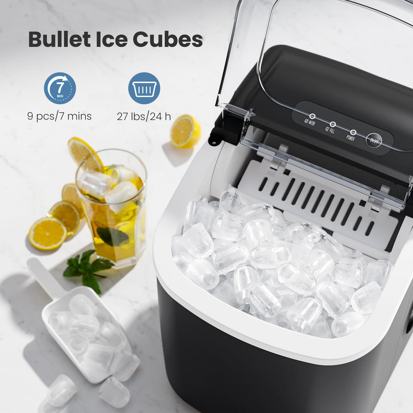 Crzoe Portable Countertop Ice Maker Machine with Handle, 9 Bullet-Shaped Ice Cubes Ready in 6 Mins, 26Lbs/24H, Self-Cleaning Function with Ice Scoop and Basket for Home/Kitchen/Party(Black)