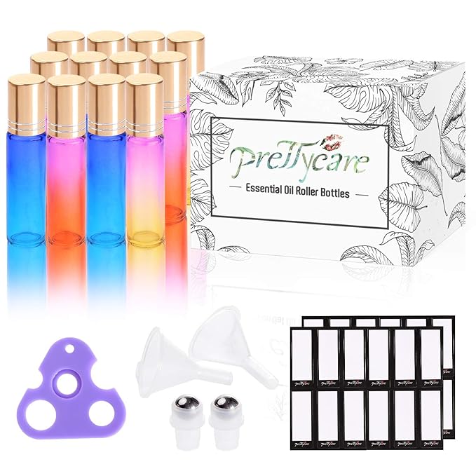 PrettyCare 12 Pack, 10 ml Essential Oil Roller Bottles with Stainless Steel Roller Ball - Refillable Leak-proof Empty Thick Rainbow Glass Roll on Bottles with Metal Caps for Travel, Perfume