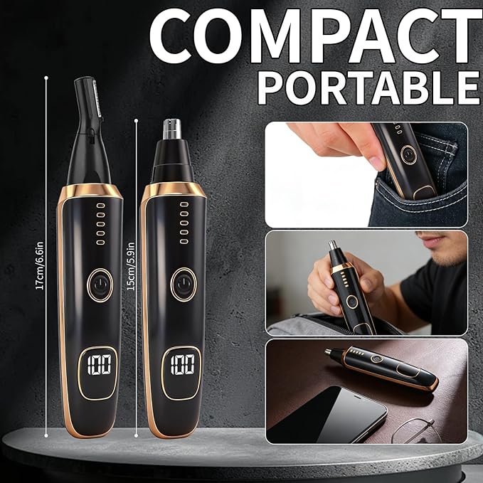 Yunmiss Nose and Ear Hair Trimmer for Men Women,2 in 1 LED Display Eyebrow Hair Trimmer with USB Rechargeable,2026 Portble Waterproof Facial Hair Removal with Dual-Edge Blades for Travel (Black)
