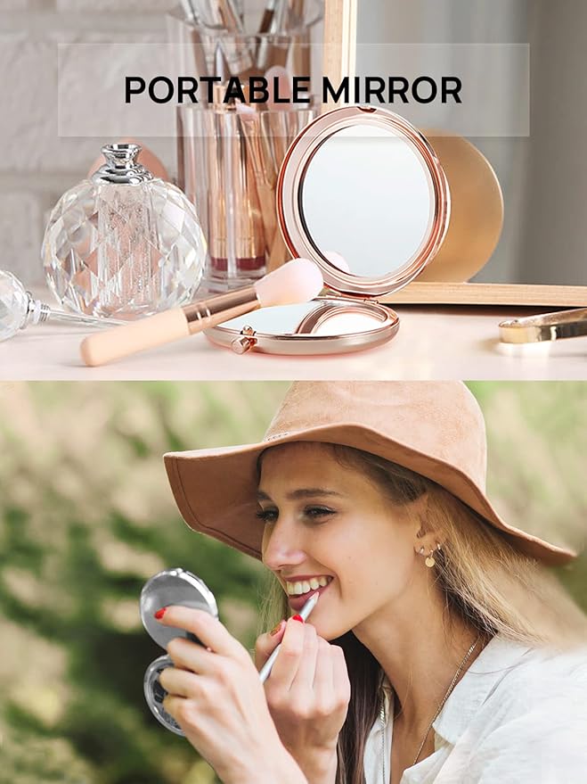 Compact Mirror Bulk, Set of 2 Double-Sided 1X/2X Magnifying Purse Pocket Makeup Mirrors(Round, Rose Gold and Silver)