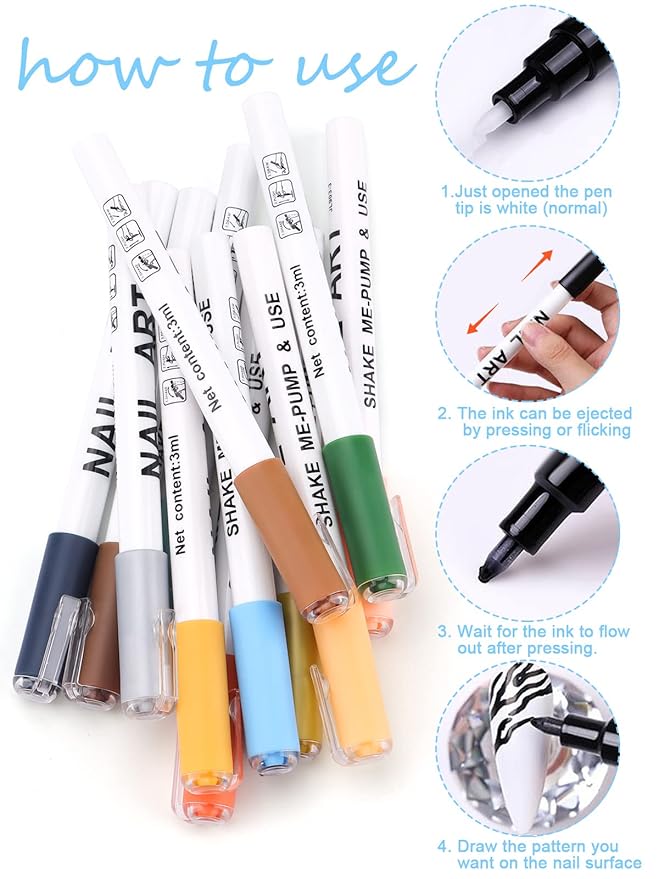 12 Color 3D Nail Art Pens Set, Kalolary Nail Point Graffiti Dotting Pen Drawing Painting Liner Brush for DIY Nail Art Beauty Adorn Manicure Tools