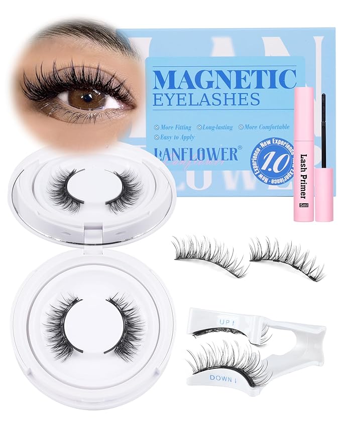 Lanflower Magnetic Eyelashes with Applicator Natural Look Magnetic Lashes with Lash Primer Wispy Magnetic Eyelashes Natural Look Reusable Cat Eye Lashes with Magnets No Need Glue