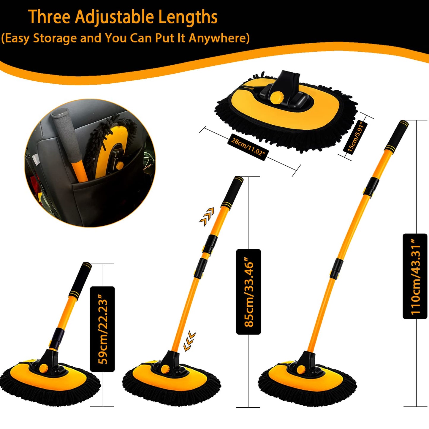 15° Curved Car Cleaning Brush with Telescopic Handle 43" Aluminum Alloy Long Rod Wash Mop For Washing Caravan Van Truck Boat RV Roof Soft Chenille Head Duster Clean Product Not Hurt Paint Scratch Free