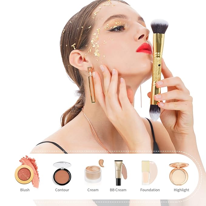 DUcare 2Pcs Duo End Makeup Brushes, Synthetic Bristle Foundation Powder Buffer & Contour Brush Set, Dual Sided Face Brushes for Blending Concealer Bronzer Highlighter