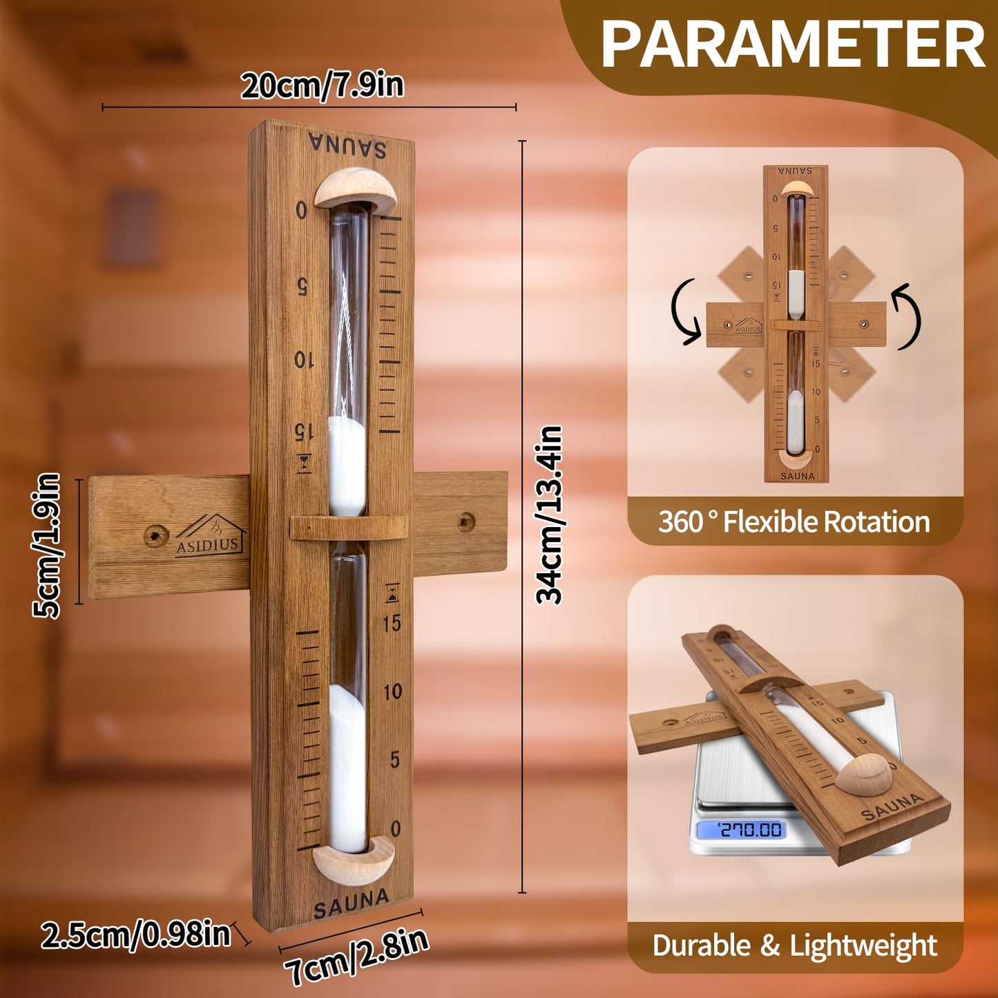 Asidius Red Cedar Sauna Timer, Wall-Mounted 360° Rotating 15 Minute Sand Timer, Sauna Accessories for Infrared Sauna, Home Sauna, Sauna Box