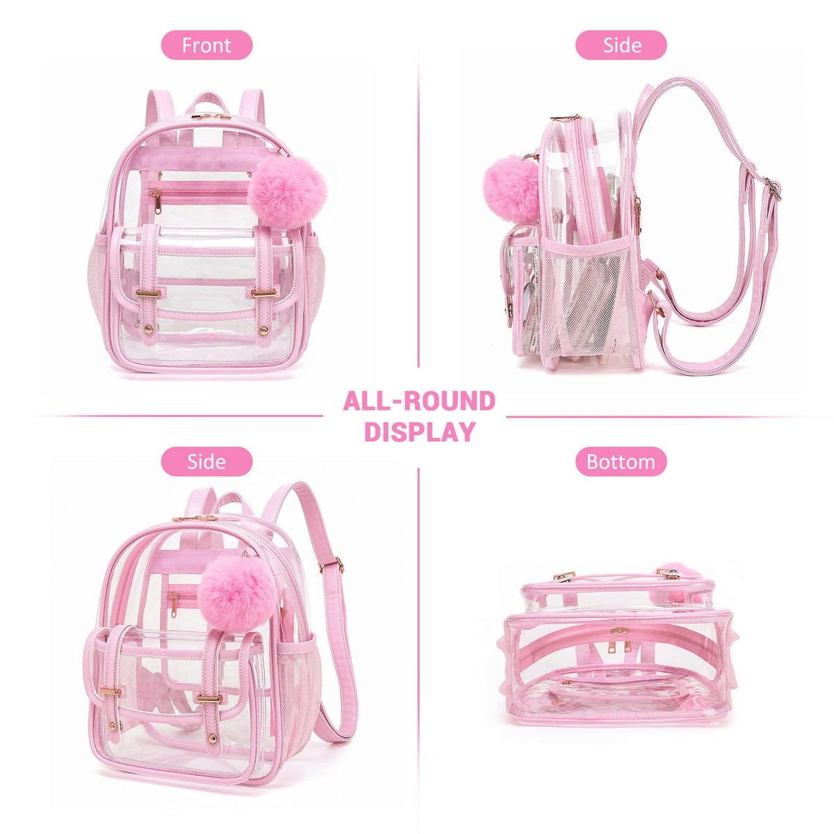 Clear Backpack for Stadium Events, 12x 12x 6 Small Transparent Backpack PVC Mini See Through Bag for Women Girls for Concert Festival, Pink