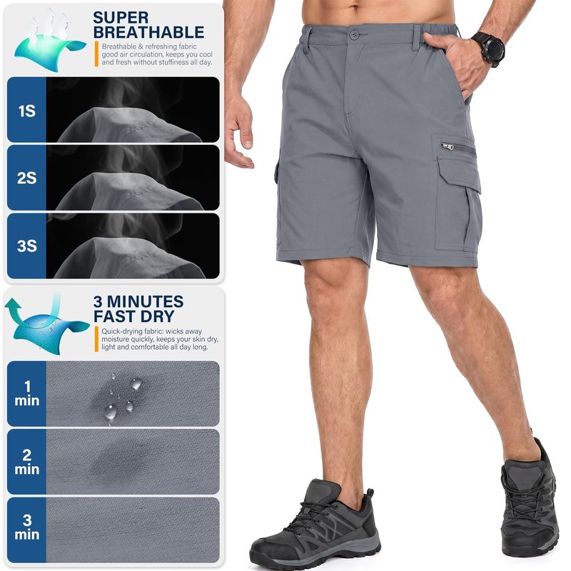 Jessie Kidden Mens Outdoor Casual Expandable Waist Lightweight Water Resistant Quick Dry Fishing Hiking Shorts (6222 Grey 10inch 42)