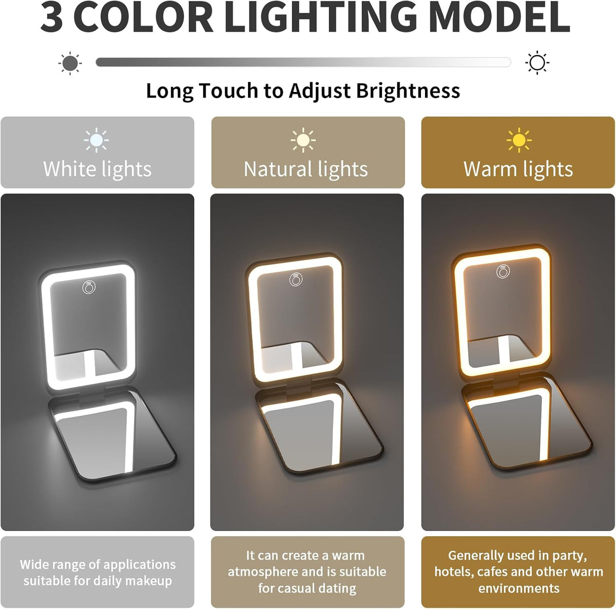 Kintion 2025 Pocket Mirror, Rechargeable Dimmable 3 Color Lighting 1X/3X LED Compact Travel Makeup Mirror for Purse, Portable, Folding, Handheld, Small Lighted Mirror for Women Gift, Black