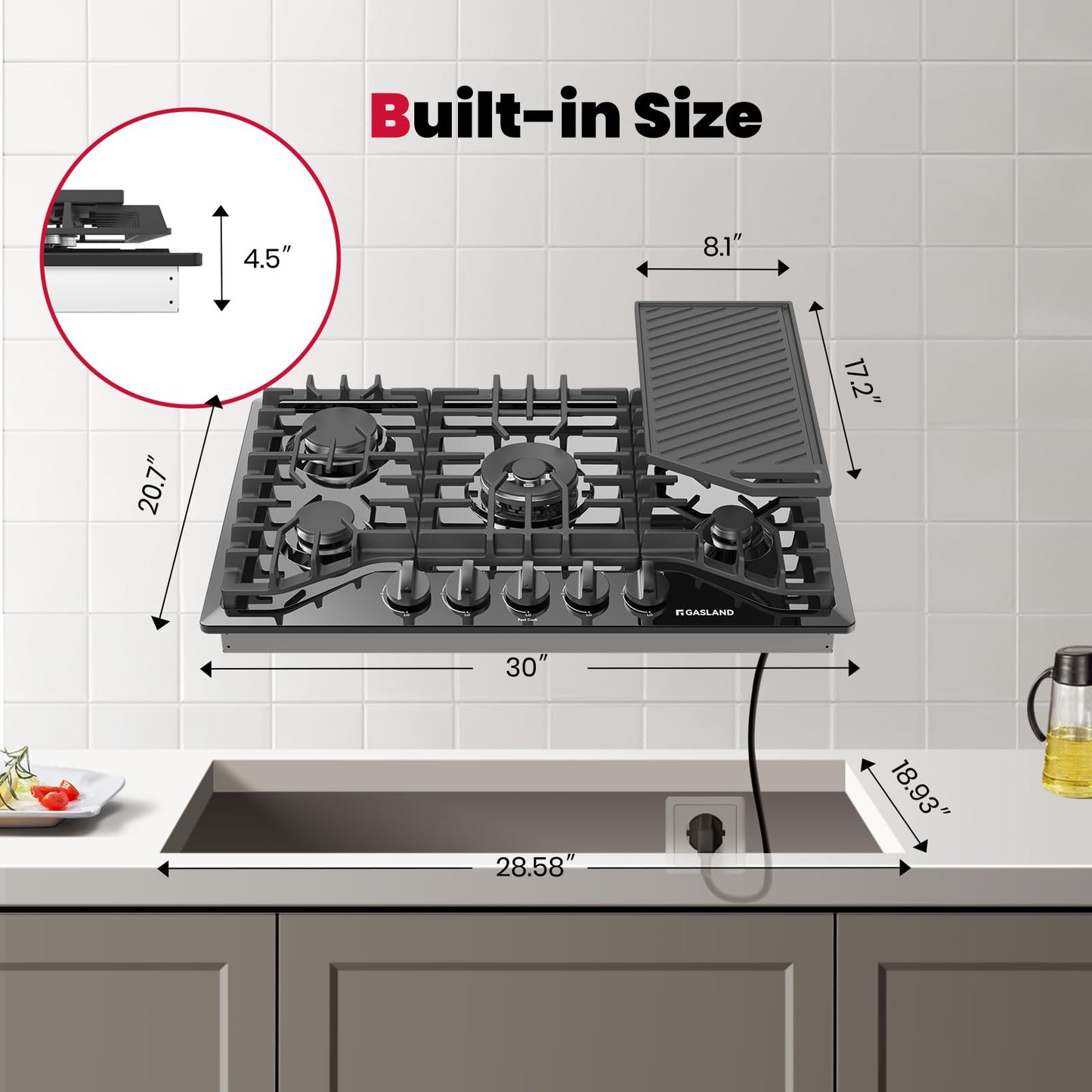 GASLAND Gas Cooktop 30 Inch with Griddle, Gas Stovetop with 5 Burners, Comes with Reversible Cast Iron Grill/Griddle, 120V Plug-in, NG/LPG Convertible, CSA Certified Black