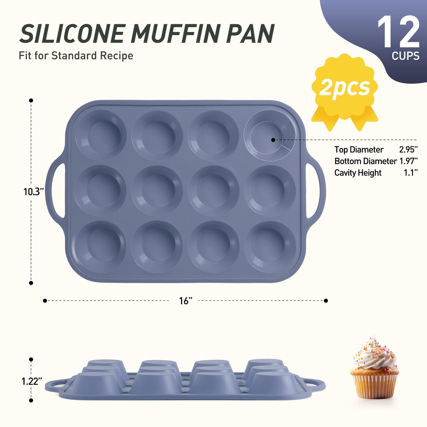 2 Packs 12 Cups Silicone Muffin Pan with Metal Reinforced Frame Regular Size Cupcake Pan Tray Egg Bites Silicone Circle Cookie Molds Muffin Tin Tart Pans Baking Sheet Set for Breakfast Sandwiches