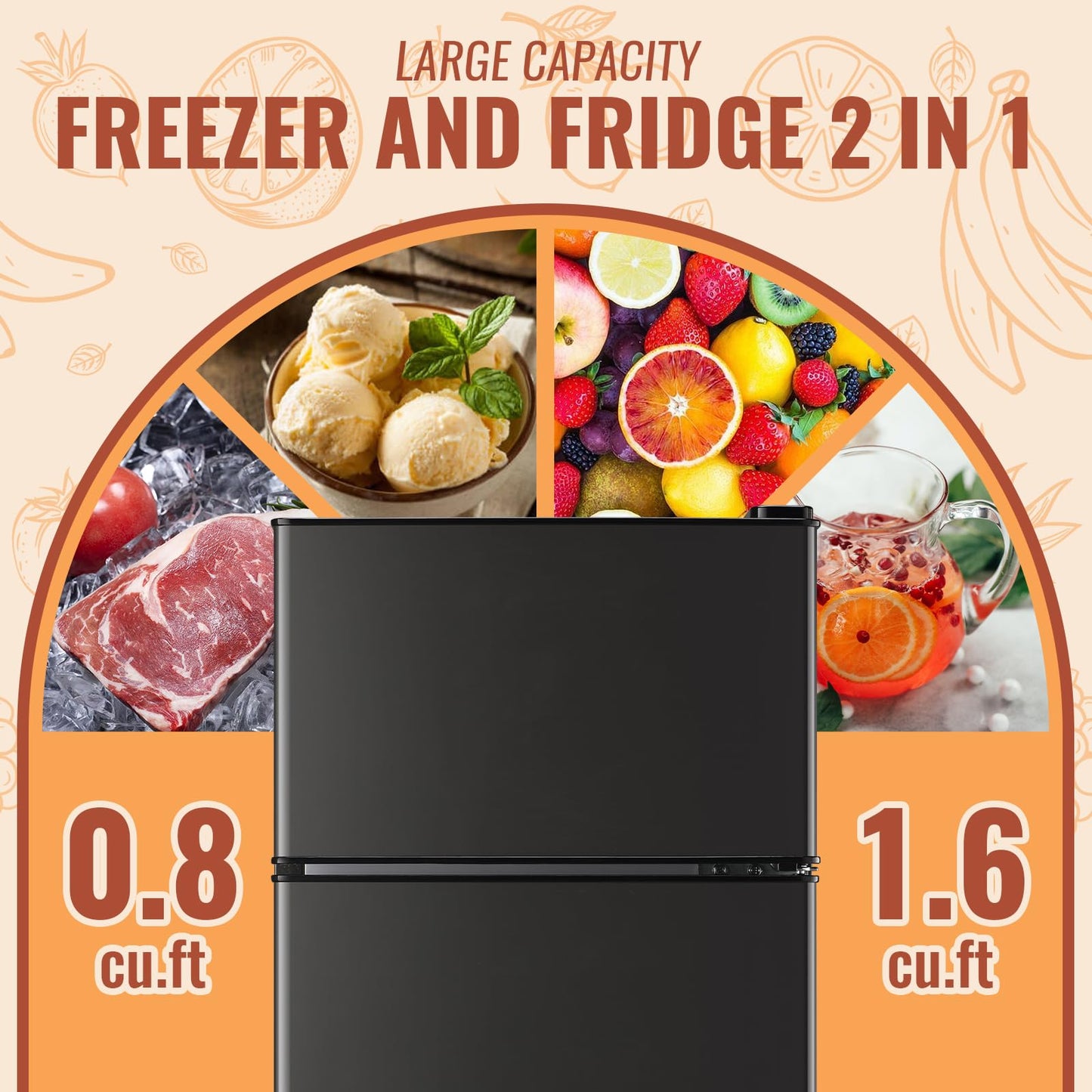 DEMULLER Mini Fridge with Double Doors Small Refrigerator with Separate Freezer & 7 Adjustable Temperature Control, Tiny Size & Personal Fridge Ideal for Office Apartment Dorm Dark Grey