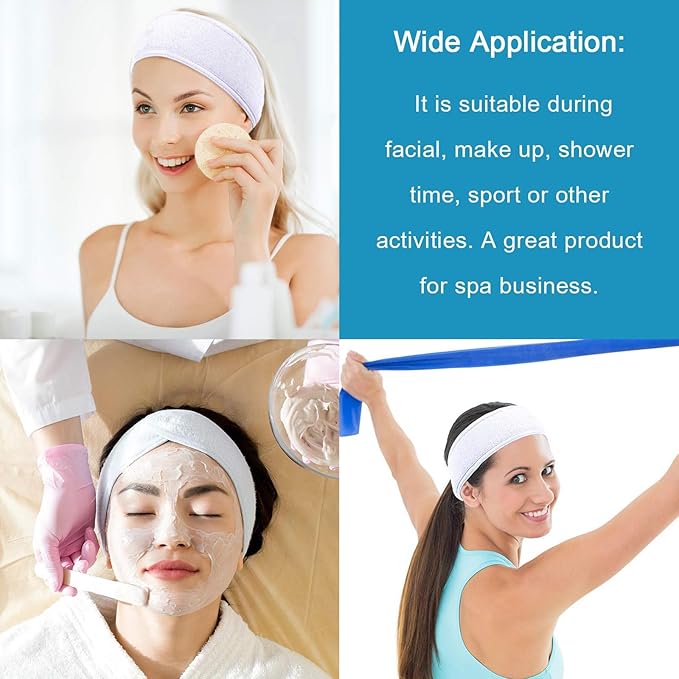 White Elastic Terry Cloth Spa Headband, 8 Pack Facial Head Wrap Band Washable Makeup Headband with Magic Tape