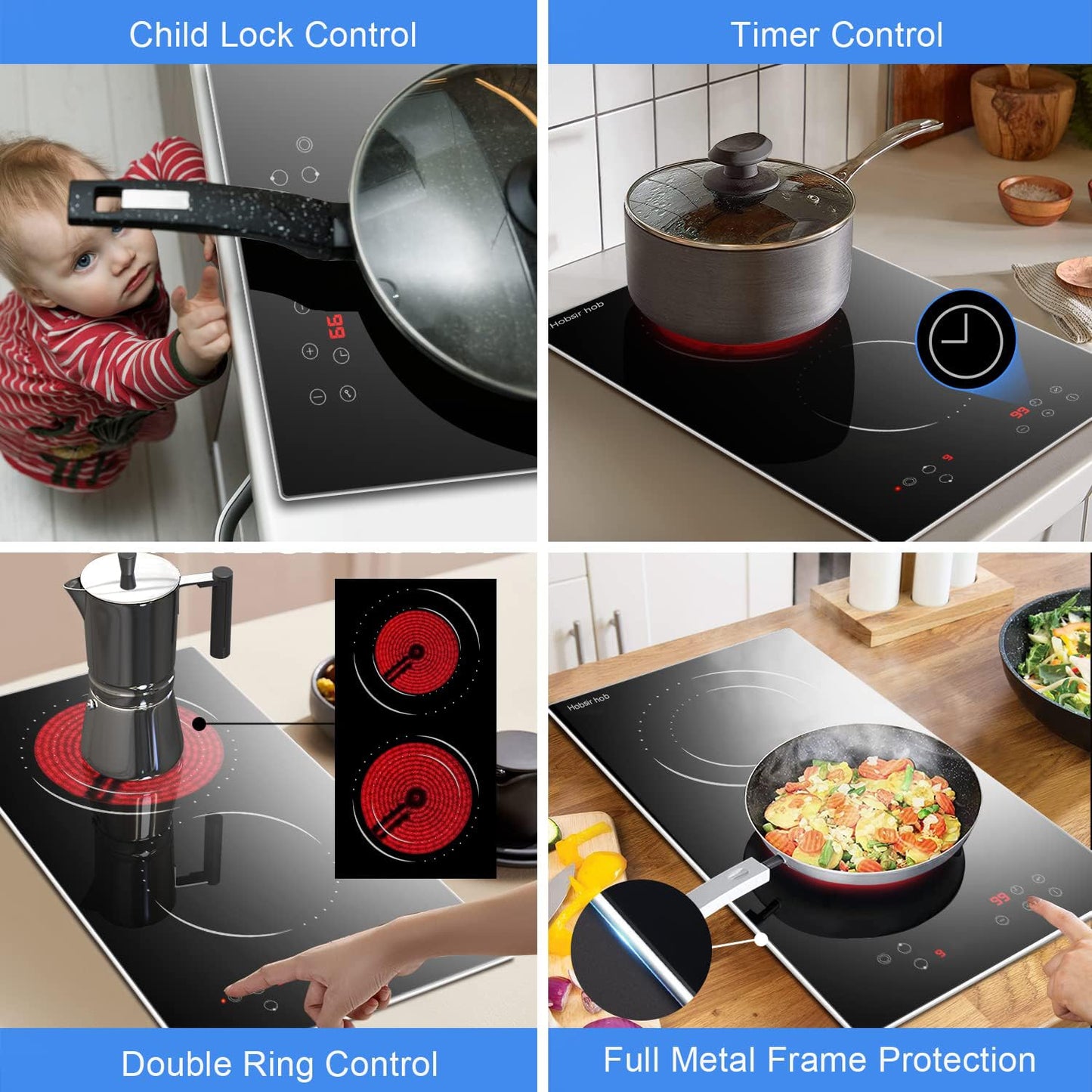 Hobsir hob 2 Burners Electric Cooktop, 12 inch Electric Stove Top Burner, Built-in Ceramic Stove with Touch Control, Timer, Safety Lock, 9 Power Levels 3200W, 220V-240V Hard Wire (No Plug)
