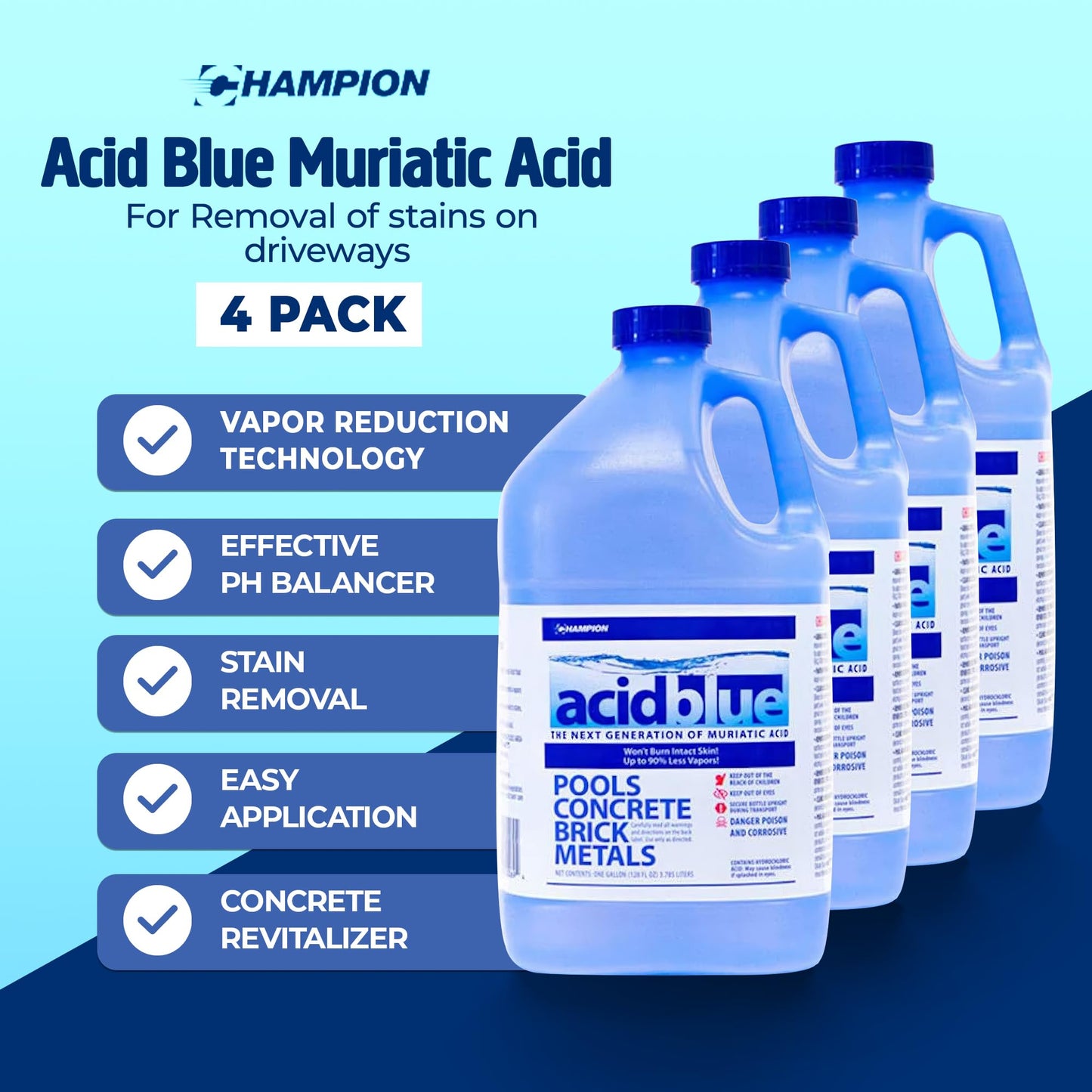 CPDI Champion 4-Pack Acidblue Muriatic Acid for Swimming Pools & Spas, 1 Gallon Each - Low-Fume pH Stabilizer & Cleaner for Concrete & Masonry Surfaces, Clears Rust & Scale Build-Up