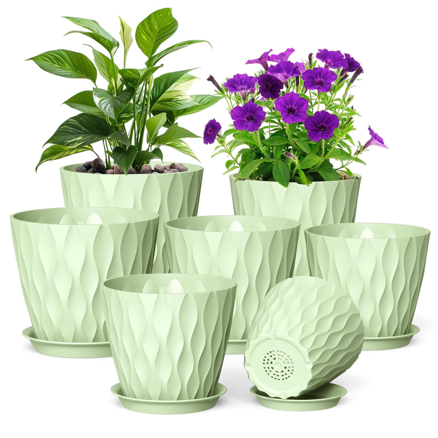 Meowell 7/6.5/6/5.5/5/4.5/4 inch Plant Pots for Indoor Outdoor Plants, 7 Pack Thick Flower Pots with Drainage Holes and Saucers, Modern Wave Texture Plastic Planter Pots for Nursery, Succulent, Green