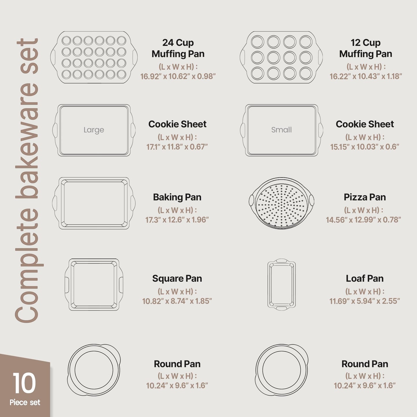 BAKKEN Kitchen Baking Pan Set - Nonstick Coating, Carbon Steel Bakeware Sets with Gray Silicone Handles, Baking Kitchen Essentials, PFOA, PFOS, PTFE Free, Oven Safe Tray (Up To 450° F), Set of 10