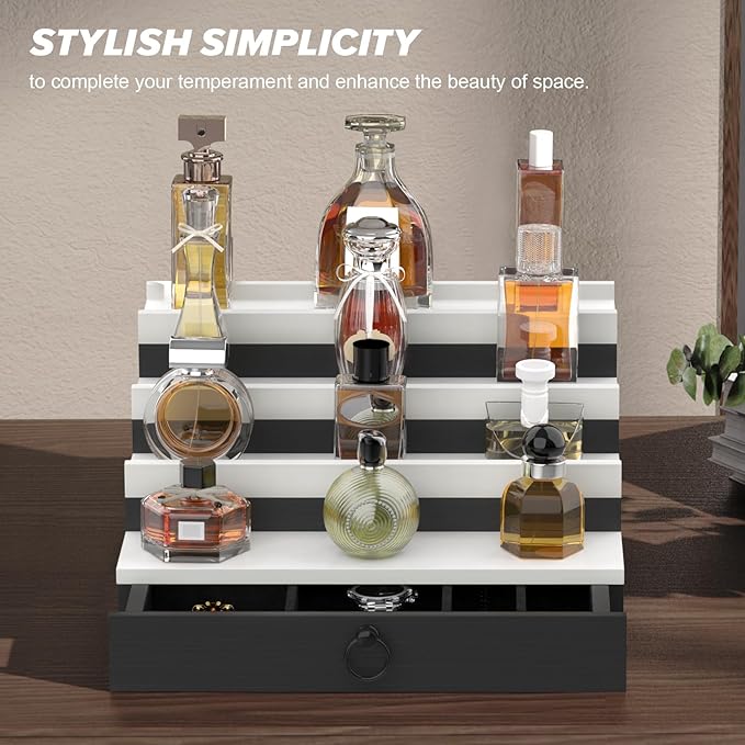 upcessory Cologne Organizer for Men, 4 Tier Black Wood Perfume Organizer with Felt Lining Drawer and Hidden Compartment, Perfume Display Holder, A Gift for Men