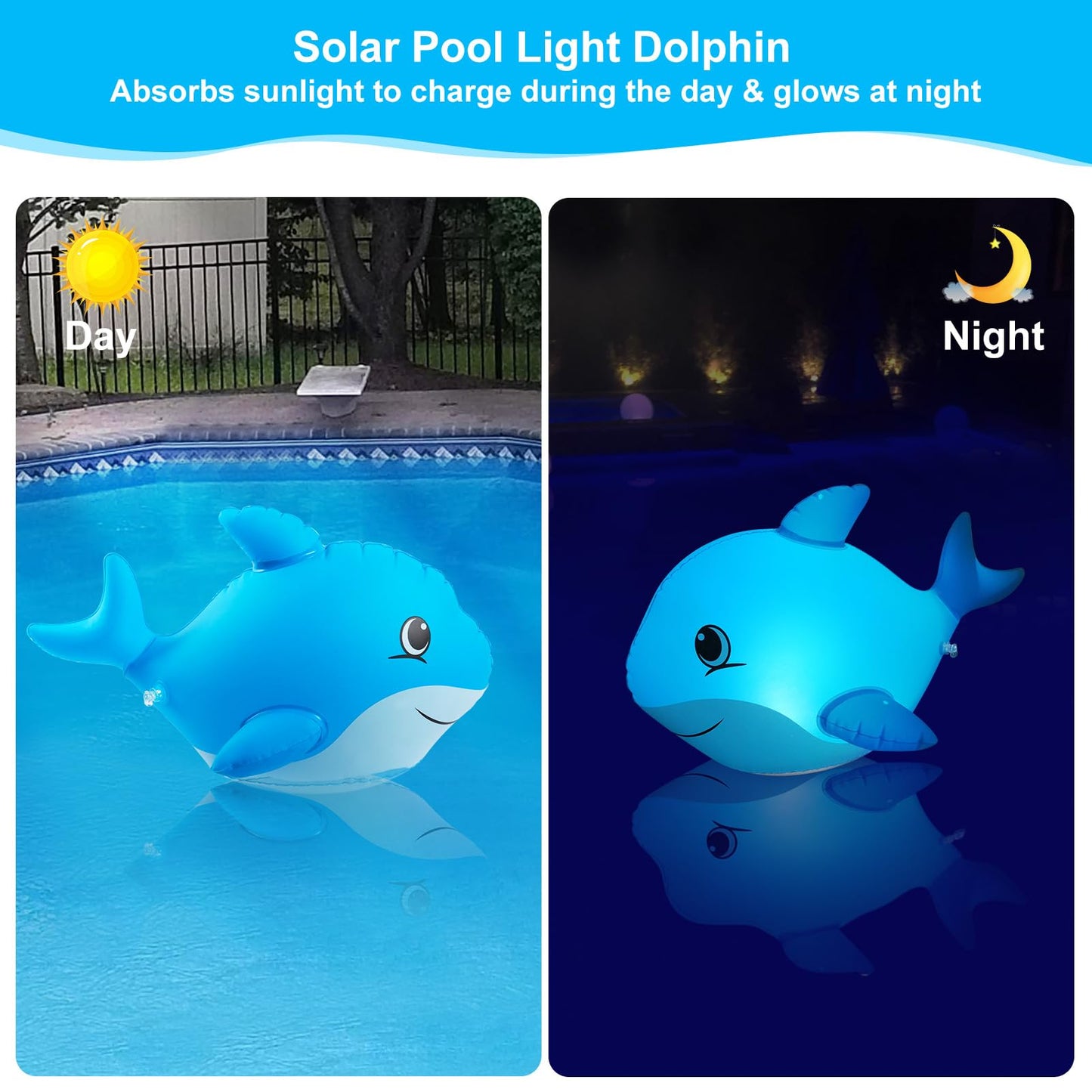 Goallim Solar Floating Pool Lights Dolphin, Glow in the Dark Solar Pool Lights that Float, IP68 Wateproof Inflatable Solar Floating Lights for Pool Pond Wedding Party Decorations - 2PC