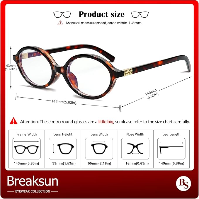 Breaksun Fashion Oval Glasses for Women Men Retro Round Tortoise Frame Blue Light Glasses Nerd Eyeglasses
