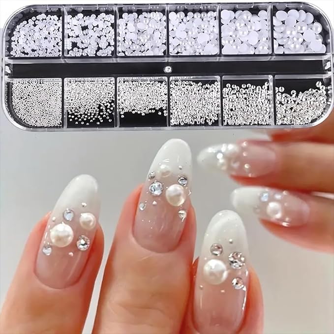 12Grids 3D Mixed White Pearls Nail Charms 0.15-0.5mm Semicircle Pearl Beads Nails Art Decorations White Nail Pearls for DIY Tool Nail Studs Accessories Pearl Nail Charms Mini Small Nail Beads (White)