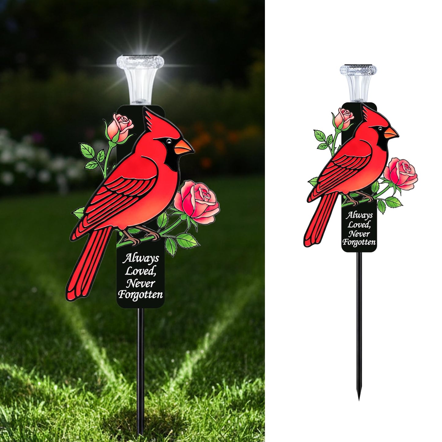 VKEVOC Solar Cardinal Memorial Stakes for Graves - Metal Cemetery Decorations with LED Light, Sympathy Gift for Loss of Mother Mom Grandma, Garden Grave Markers (Red Cardinal)