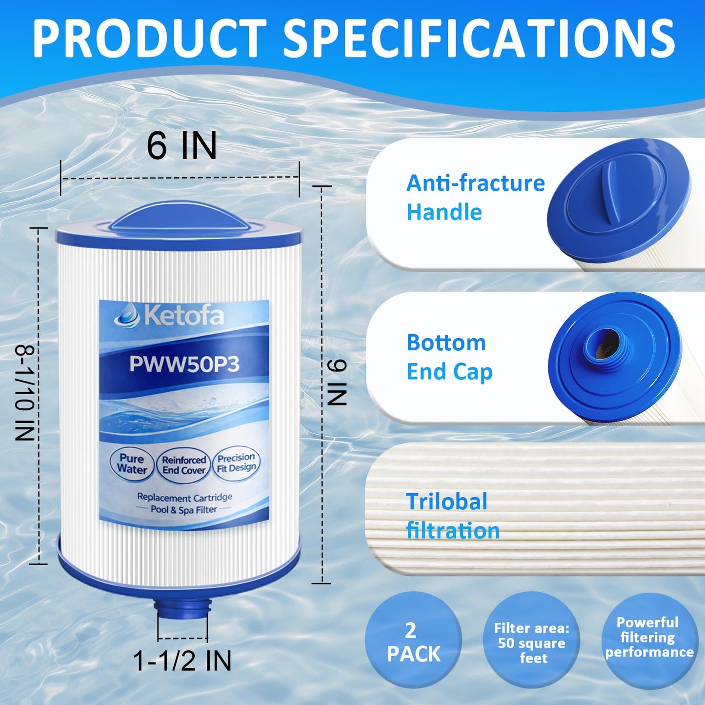 PWW50P3 Filter for Compatible with Pleatco Spa Hot Tub, PWW50P3 (1 1/2" Coarse Thread) Spa Filter Compatible with Unicel 6CH-940 Filbur FC-0359 Waterways 817-0050 Front Access Skimmer Aber Hot Tubs