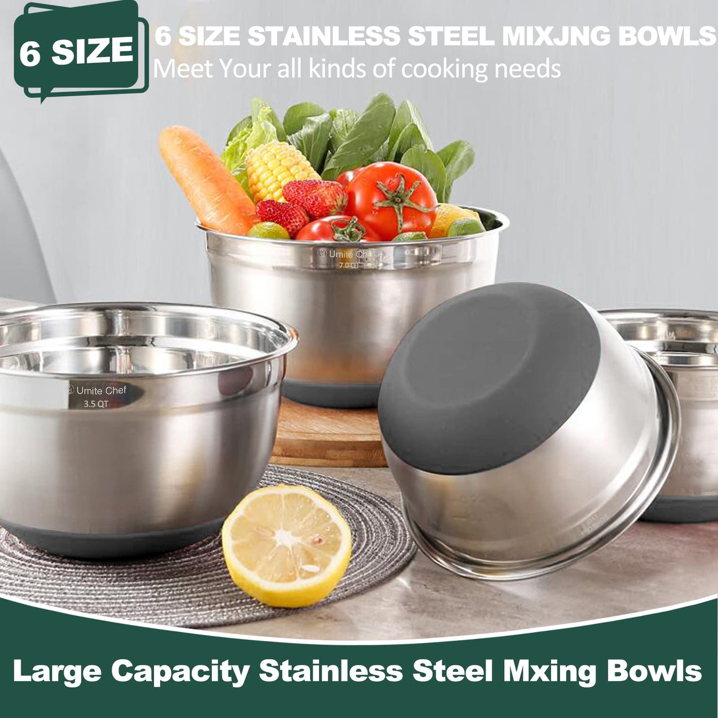 Umite Chef Mixing Bowls with Airtight Lids,6 piece Stainless Steel Metal Nesting Storage Bowls, Non-Slip Bottoms Size 7, 3.5, 2.5, 2.0,1.5, 1QT, Great for Mixing & Serving(Grey)