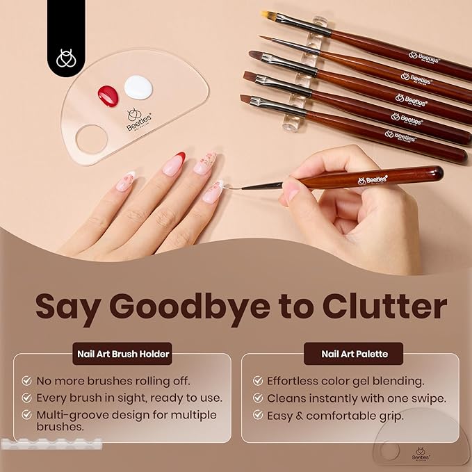 Beetles Gel Polish Nail Art Brushes, 6 Pcs Fingernail Art Design Pens, Nail Art Tools, Wood Alloy Handle Nail Brushes, Clean Up Liner French Set with Holder&Palette DIY Gift for Women