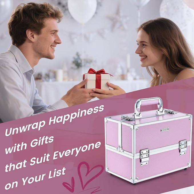 Frenessa Makeup Train Case Large Portable Cosmetic Case - 6 Tier Trays Professional Makeup Storage Organizer Box Make Up Carrier with Lockable keys - Pink