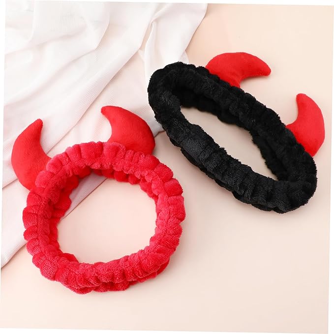 Beaupretty 2 Pack Spa Headband for Women, Devil Horns Facial Headband for Face Wash & Makeup, Soft Hair Band (Black, Red)