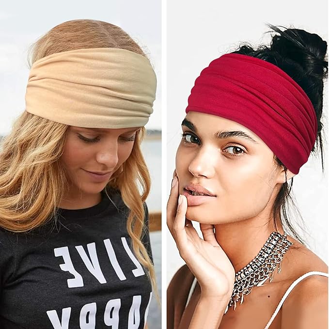Awumbuk Wide Headbands for Women Knotted No Slip Head Bands Soft Turban Headband Hair Accessories Boho African Solid Color Head Wraps for Women Yoga Workout Pack of 6(Classic)