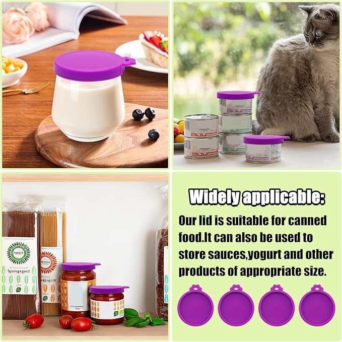 PINE & LINEN 4 Pcs 2.5inch Durable Pet Can Lids,Silicone Small Pet Can Covers Waterproof Cat Food Cans Lids for 3 oz Cat Food Cans(Purple)