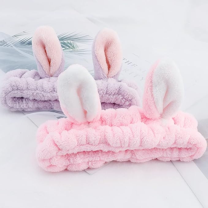 YISSION Cute Bunny Ear Spa Headband for Women and Girls - Soft Plush Makeup Headband for Face Washing, Skincare, Shower, Easter Party Favors (2 Pack, Pink & Purple)