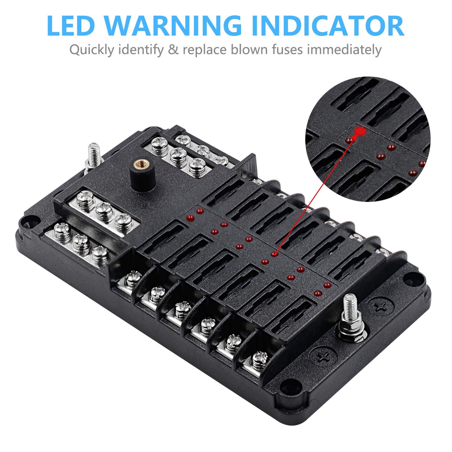 12 Way 12V Fuse Box 12Volt Blade Fuse Block Holder, 12 Circuit W/Negative Bus Waterproof Fuse Box with LED Indicator for 12V/24V Automotive Golf Cart Truck Car Boat Marine RV Van Vehicle