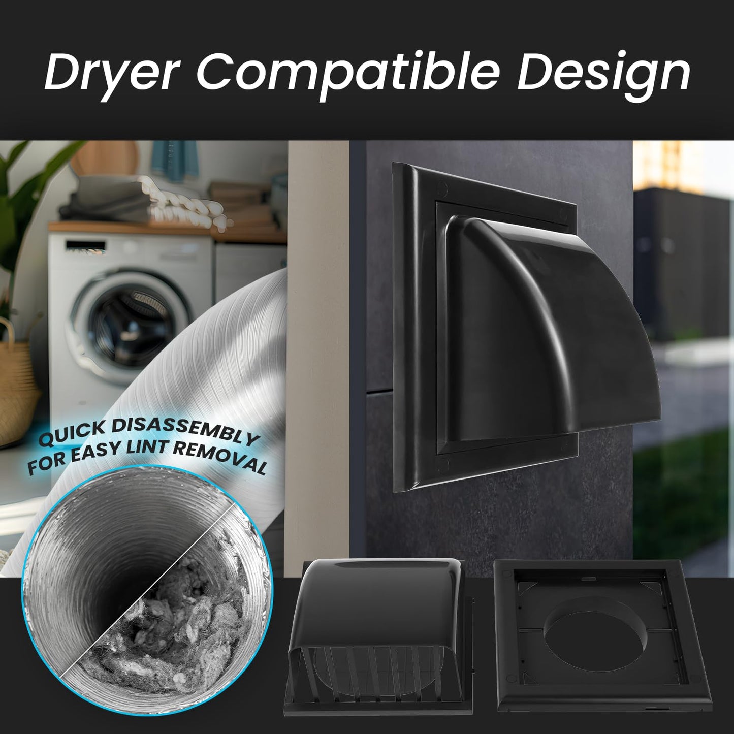 Repa Market 4 Inch Dryer Vent Cover Outside with Backdraft Damper - Black ABS Plastic Exhaust Vent Hood - Wall Vent Cover - Outside Dryer Vent Cover for Dryer Vent Hose, Bathroom Vent Cover, AC Vent