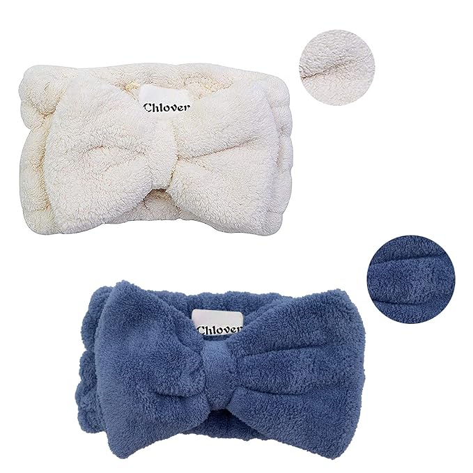 Chloven 2 Pack Microfiber Bowtie Headbands Facial Makeup Headband Cosmetic Bowknot Hairlace Wash Spa Yoga Sports Shower Adjustable Elastic Hair Band for Girls and Women