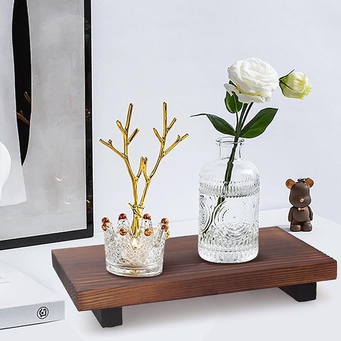 Farmhouse Wooden Bathroom Tray Small Kitchen Countertop Trays Decorative Wood Riser Pedestal Stand Dish Soap Dispenser Holder for Kitchen Counter Bathroom Sink Organizer Accessories Decor Vanity Tray