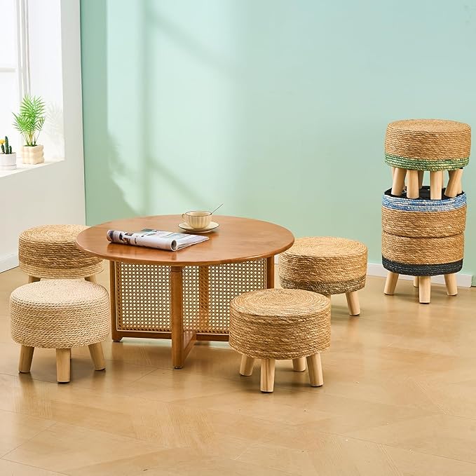 Cpintltr Ottoman Natural Seagrass Footrest Poufs Hand Weave Round Foot Stool for Couch Desk Soft Step Stool Padded Foot Rest with Pine Legs for Living Room Bedroom (Natural White)