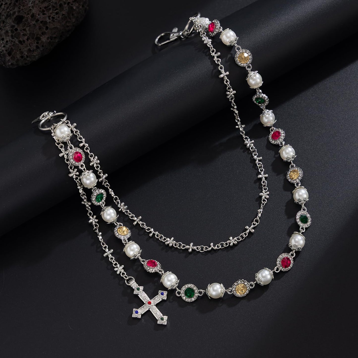 Fashion Layered Pants Wallet Chains - Exquisite Gold Silver Rhinestone Flower Pearl Jean Pocket Chain for Women Men Cute Bag Purse Charms Jewelry (silver link round)