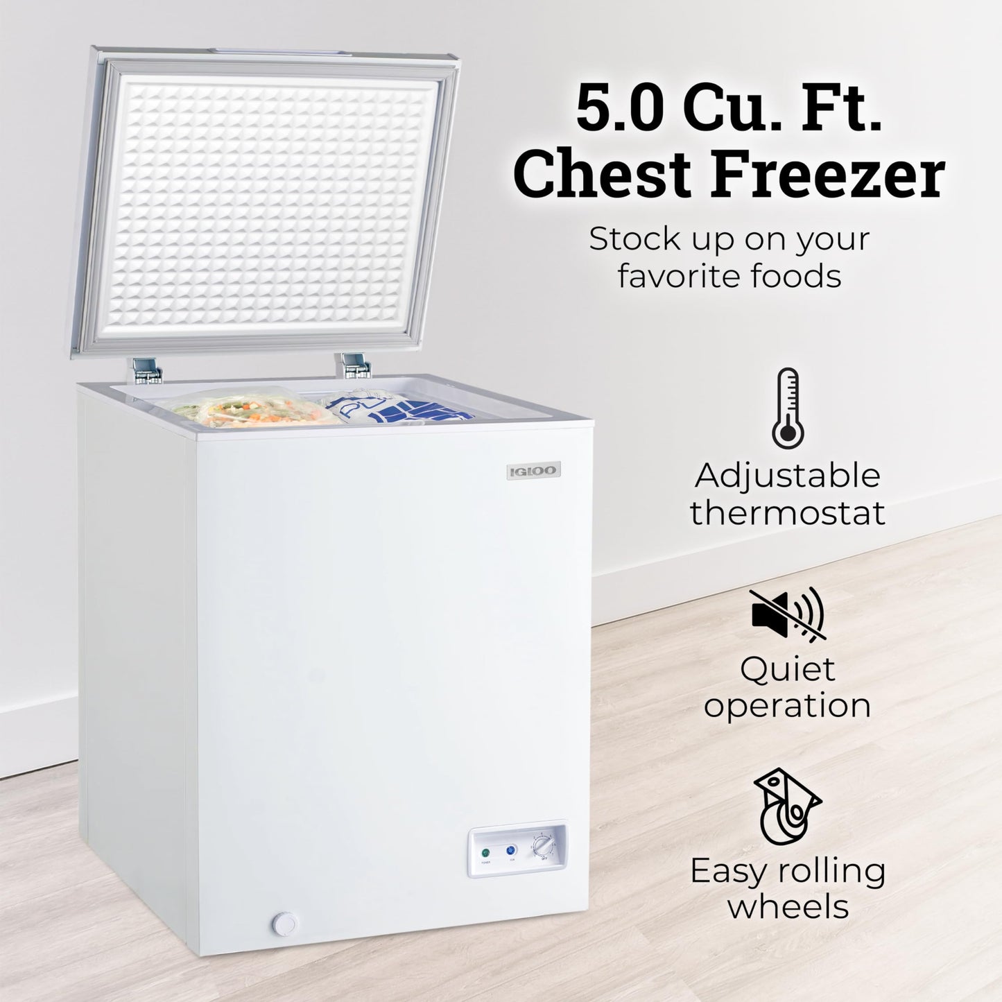 Igloo 5.0 Cu Ft Upright Deep Freezer Chest- Deep Freezer with Quick Freezing System & Adjustable Thermostat - Low Noise Freezer with Removable Basket & LED Lights for Homes, Garages & Basements- White