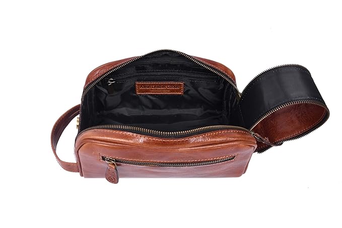 10" Premium Leather Toiletry Travel Pouch With Waterproof Lining | King-Size Handcrafted Vintage Dopp kit By Aaron Leather Goods (Buckthrown Brown)
