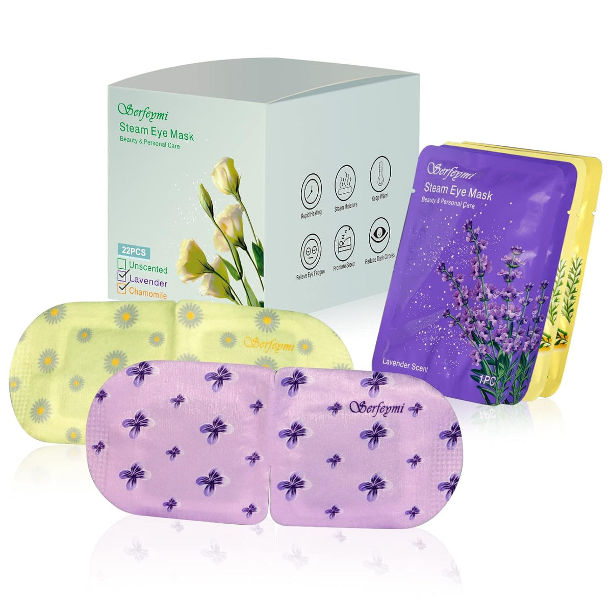 Serfeymi 22 Packs Steam Eye Masks Self Heating Warm Eye Mask, Disposable Eye SPA Heated Eye Mask for Sleeping,Relief Eye Fatigue, Gifts for Mother's Day - Upgraded (Lavender 11PCS+ Chamomile 11PCS)